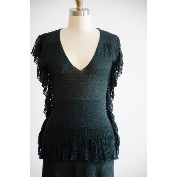70s 80s vtg dark green ruffled sleeveless sweater skirt 2 piece set - Picture 5 of 10